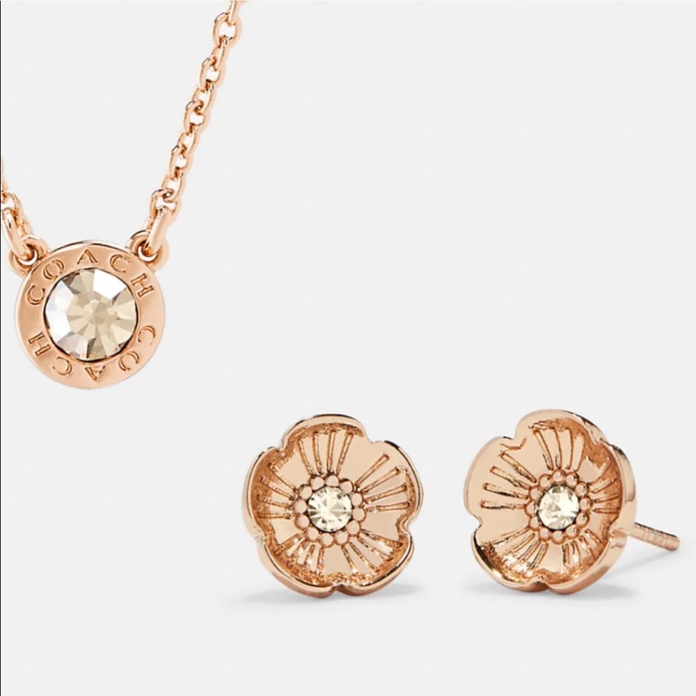 Open Circle Necklace And Tea Rose Stud Earrings Set